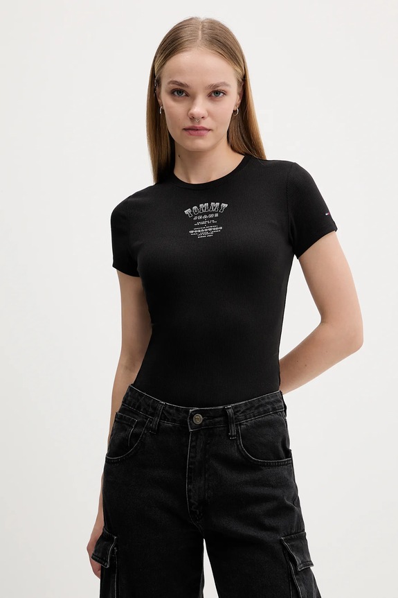 Μπλουζάκι Tommy Jeans με ελαστάν μαύρο DW0DW21584