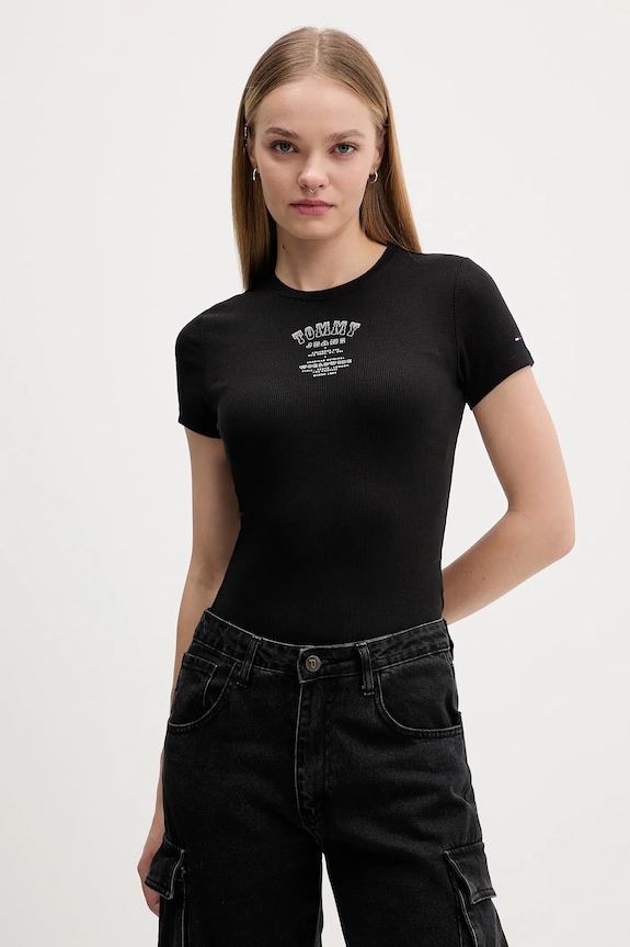 Μπλουζάκι Tommy Jeans με ελαστάν μαύρο DW0DW21584