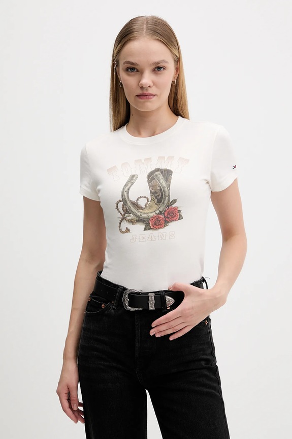 Tommy Jeans pamut póló pamut bézs DW0DW21788