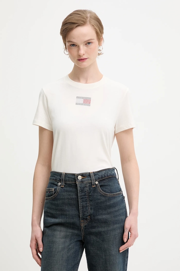 Bavlnené tričko Tommy Jeans nášivka béžová DW0DW21965