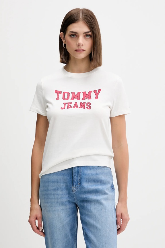 Βαμβακερό μπλουζάκι Tommy Jeans βαμβάκι μπεζ DW0DW21966