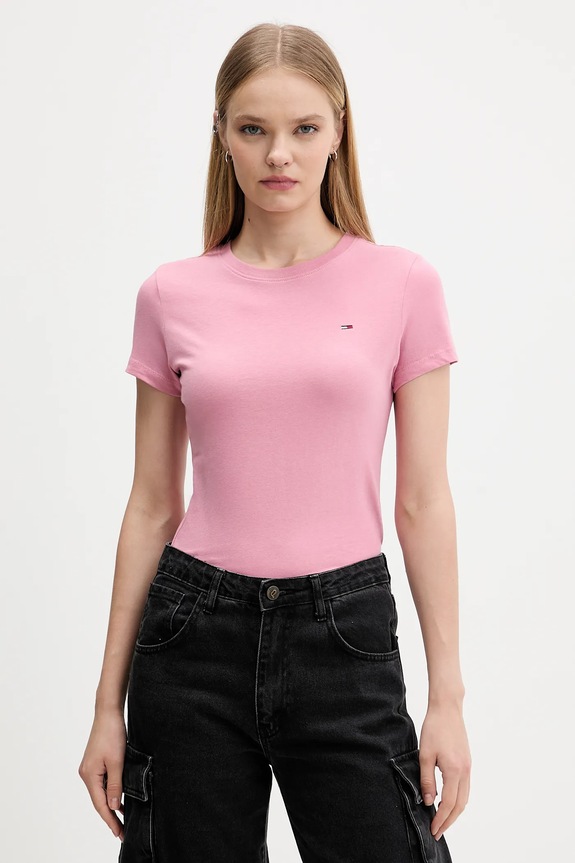 Βαμβακερό μπλουζάκι Tommy Jeans 3-pack slim ροζ DW0DW22175