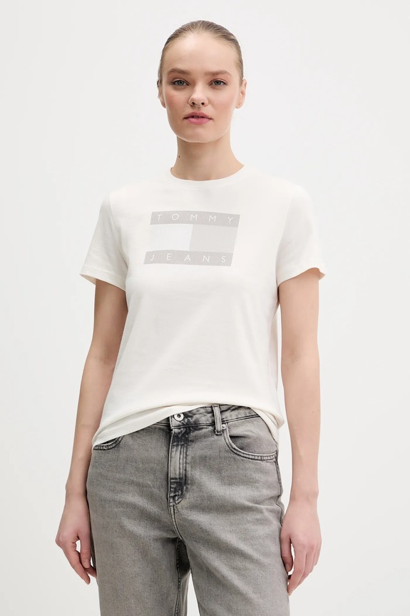 Bombažna kratka majica Tommy Jeans Potisk bež DW0DW22562
