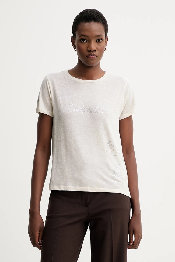Majica kratkih rukava s dodatkom lana ZADIG&VOLTAIRE Planet friendly bež JWTS02818
