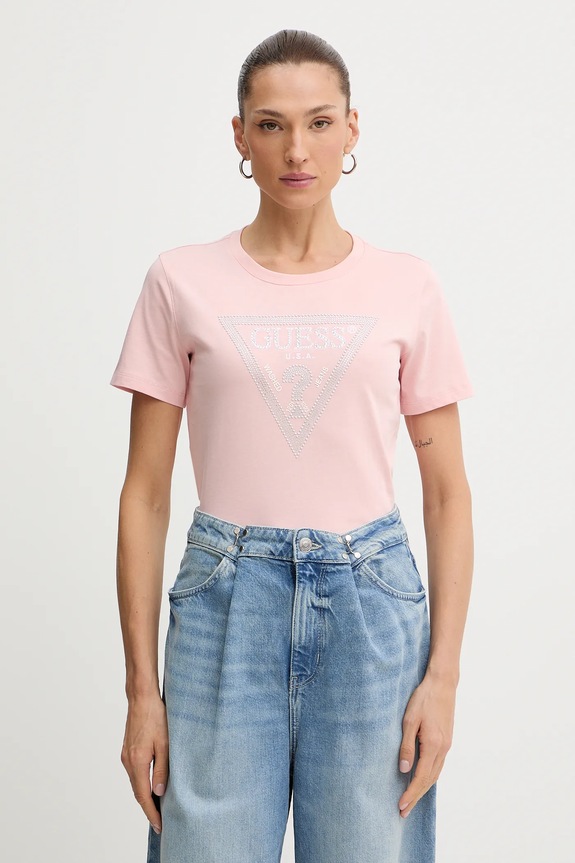 Guess t-shirt bawełniany aplikacja różowy W5BI18.I3Z14