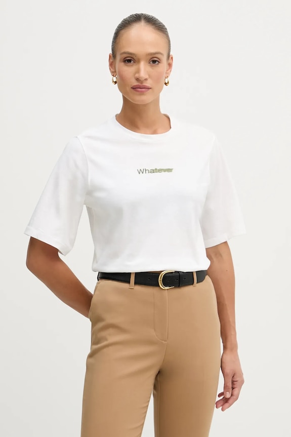 Sisley t-shirt bawełniany nadruk beżowy 3I1XL107Y