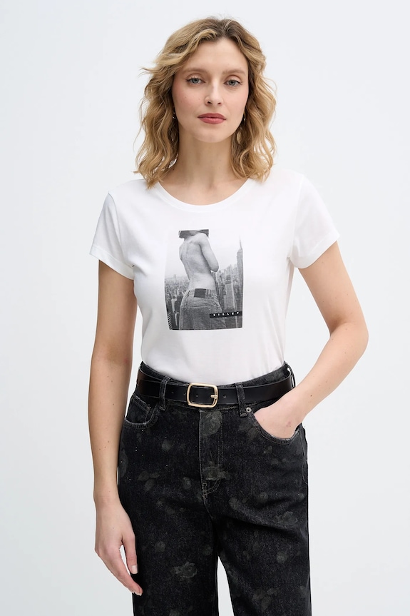 Sisley t-shirt bawełniany nadruk beżowy 3I1XL107Z