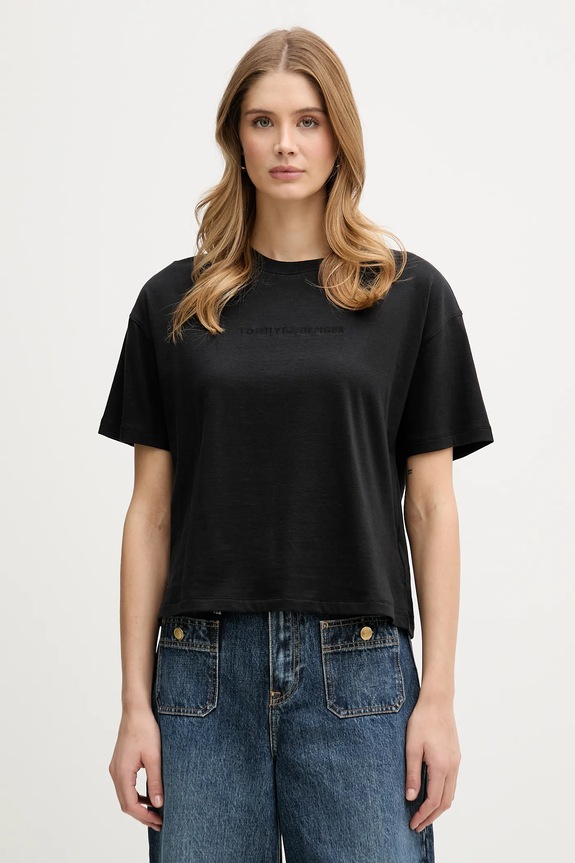 Tommy Hilfiger tricou pentru femei din bumbac uni negru UW0UW06236