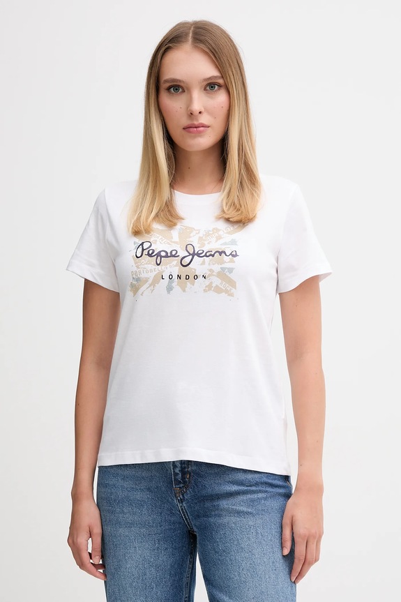Bavlněné tričko Pepe Jeans potisk bílá PL5000046