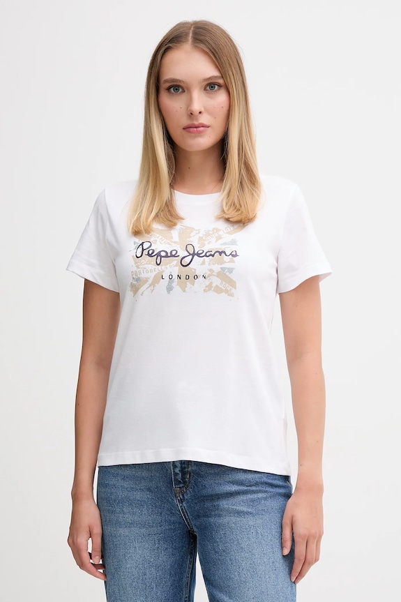 Bavlněné tričko Pepe Jeans potisk bílá PL5000046