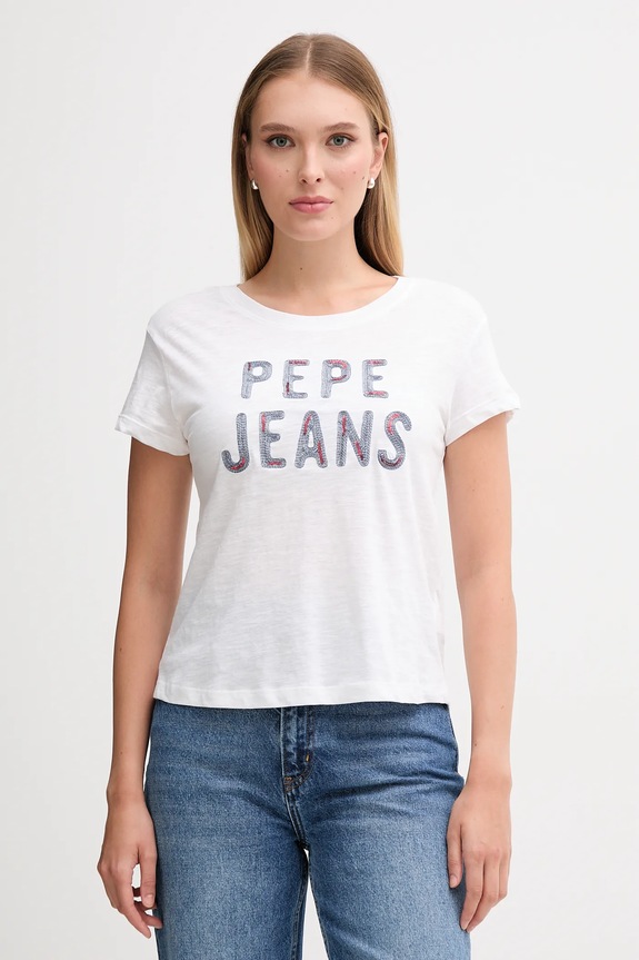 Bavlněné tričko Pepe Jeans nášivka bílá PL5000045
