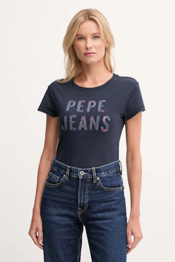 Pepe Jeans t-shirt in cotone applique blu navy PL5000045