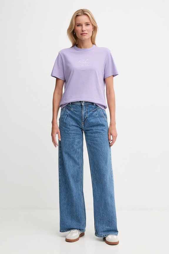 Calvin Klein Jeans T-shirt damski bawełniany LV047D873G fioletowy SS26
