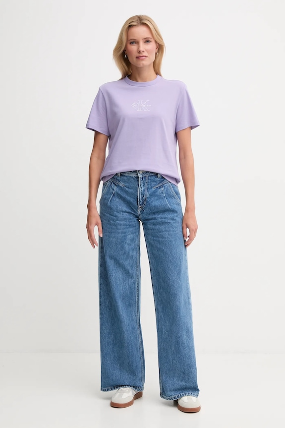 Calvin Klein Jeans T-shirt damski bawełniany LV047D873G fioletowy SS26