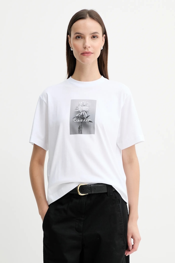 Βαμβακερό μπλουζάκι Calvin Klein Jeans στάμπα λευκό LV047D880G