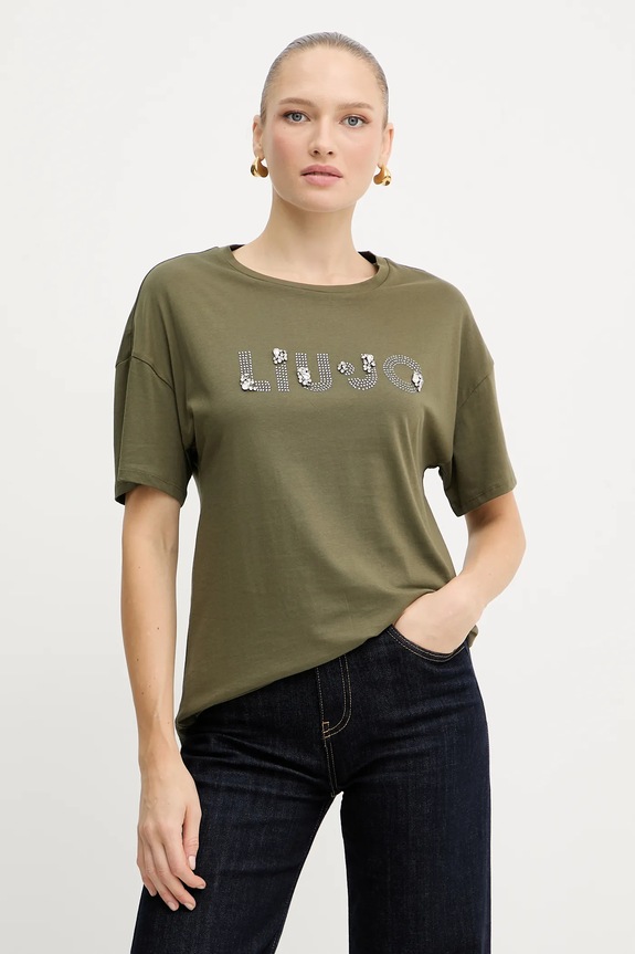 Liu Jo t-shirt bawełniany aplikacja zielony MF5347.JS923