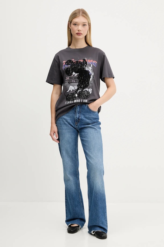 Desigual tricou din bumbac MICKEY LACE 25WWTK56 gri AW25