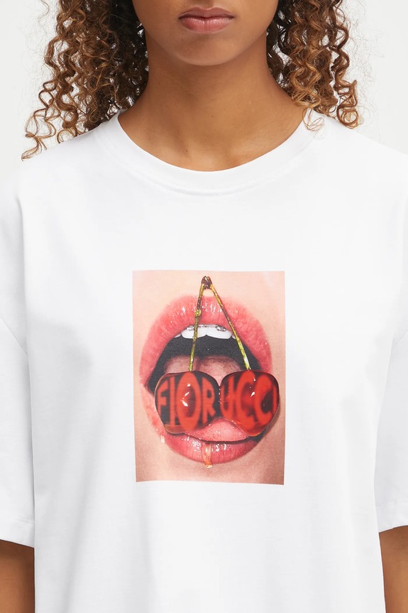 Fiorucci tricou din bumbac Cherry Mouth Print Boxy Fit alb W02FPTSH103CJ01WH03