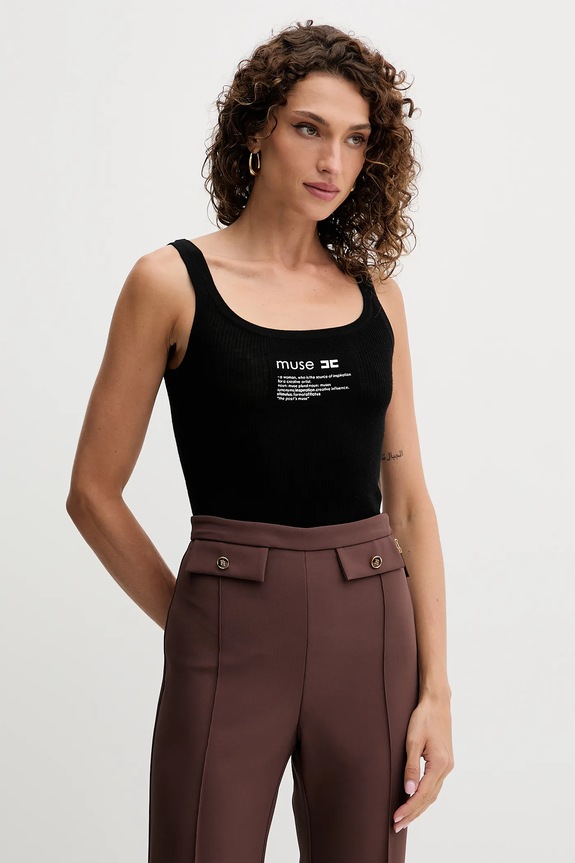 Top με προσθήκη μαλλιού Elisabetta Franchi με ελαστάν μαύρο TK63B57E2