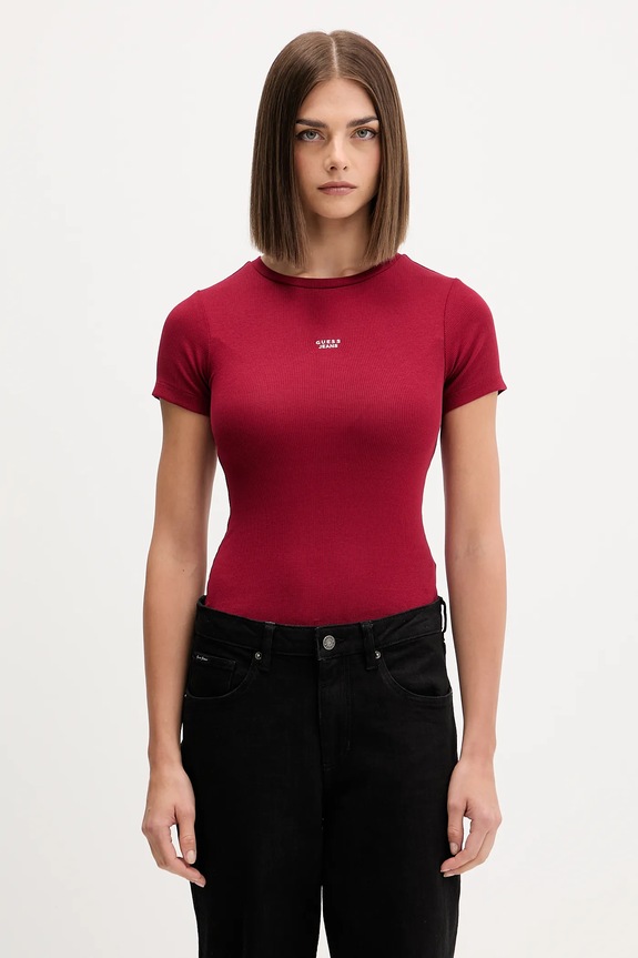 Guess Jeans t-shirt z elastanem bordowy W5BP45.KA0H1