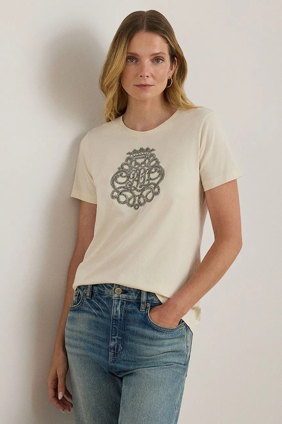 Βαμβακερό μπλουζάκι Lauren Ralph Lauren βαμβάκι μπεζ 200980211