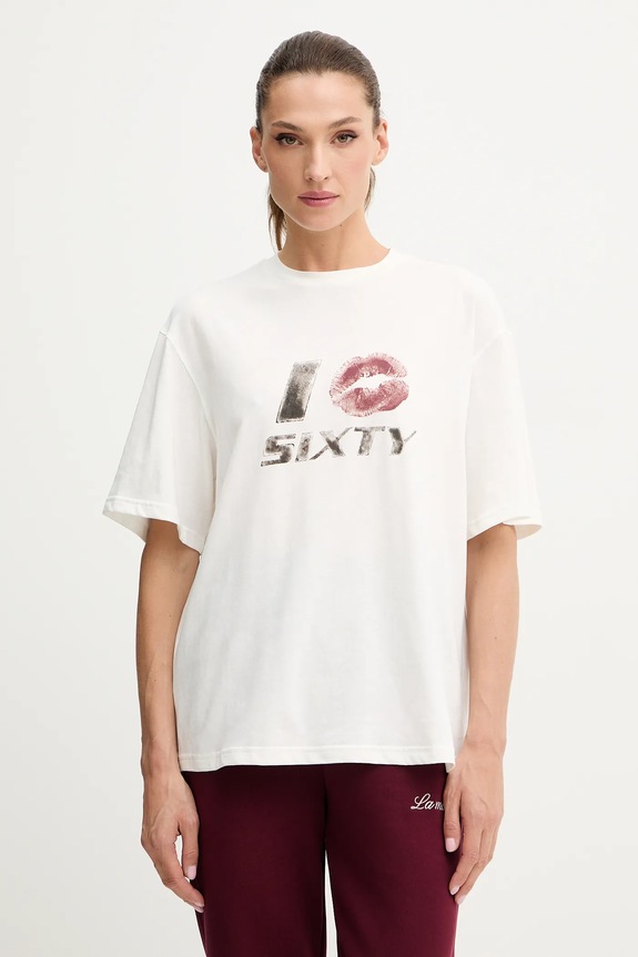 Miss Sixty t-shirt z domieszką lnu okrągły beżowy 6S3SJ59200