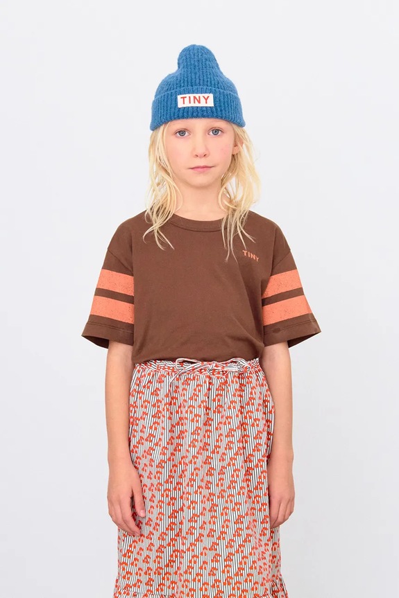 Tinycottons t-shirt bawełniany dziecięcy STRIPES LOGO TEE nadruk brązowy AW25.001
