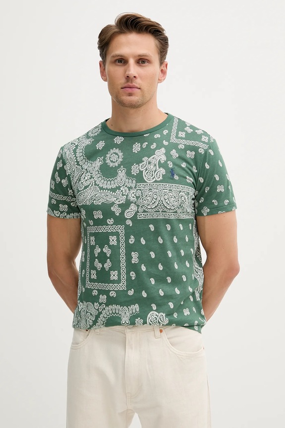 Памучна тениска Polo Ralph Lauren вталена зелен 710974593