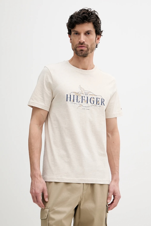 Bavlněné tričko Tommy Hilfiger potisk béžová MW0MW39353