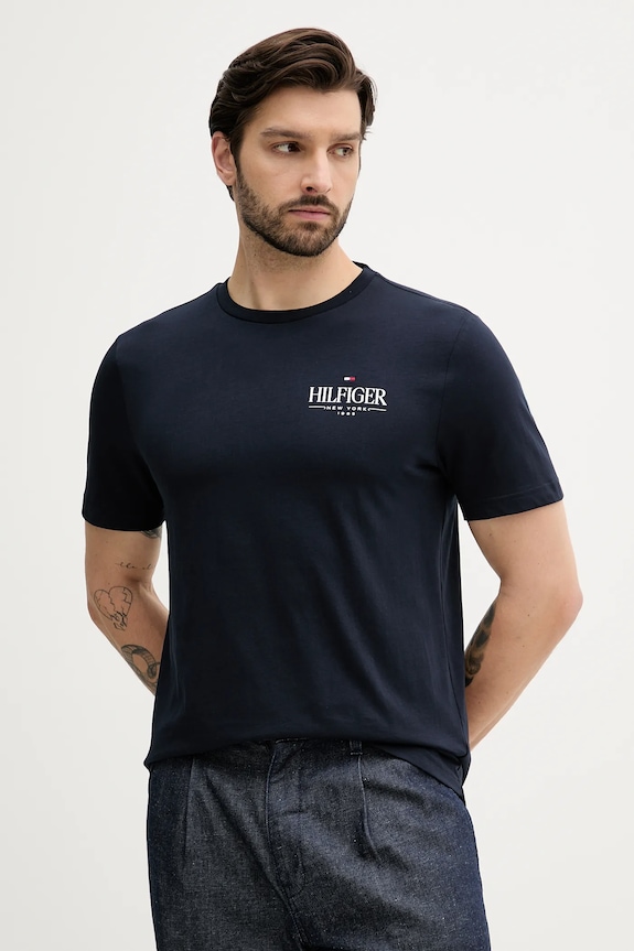 Bavlnené tričko Tommy Hilfiger potlač tmavomodrá MW0MW39355