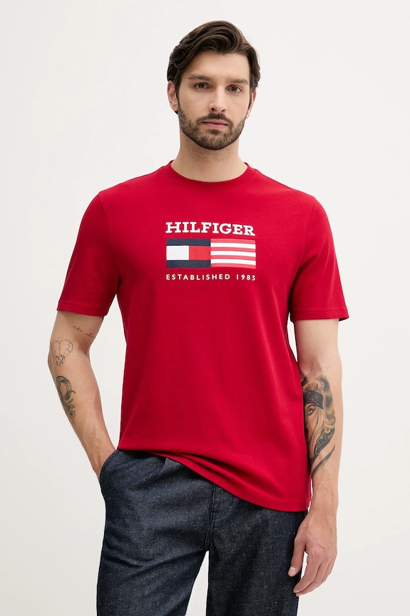 Bombažna kratka majica Tommy Hilfiger Potisk rdeča MW0MW39843