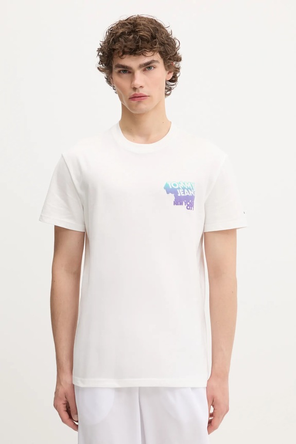 Bombažna kratka majica Tommy Jeans Potisk bela DM0DM21589