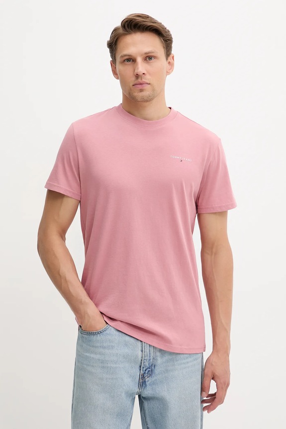 Tommy Jeans T-shirt męski bawełniany nadruk różowy DM0DM21780