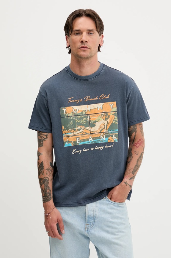 Βαμβακερό μπλουζάκι Tommy Jeans βαμβάκι μπλε DM0DM21387