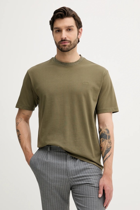 Bavlnené tričko BOSS Orange Te_Tirecollar jednofarebný zelená 50543813