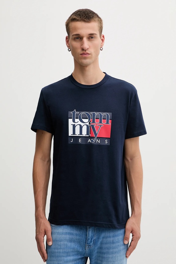 Βαμβακερό μπλουζάκι Tommy Jeans εμπριμέ σκούρο μπλε DM0DM21977