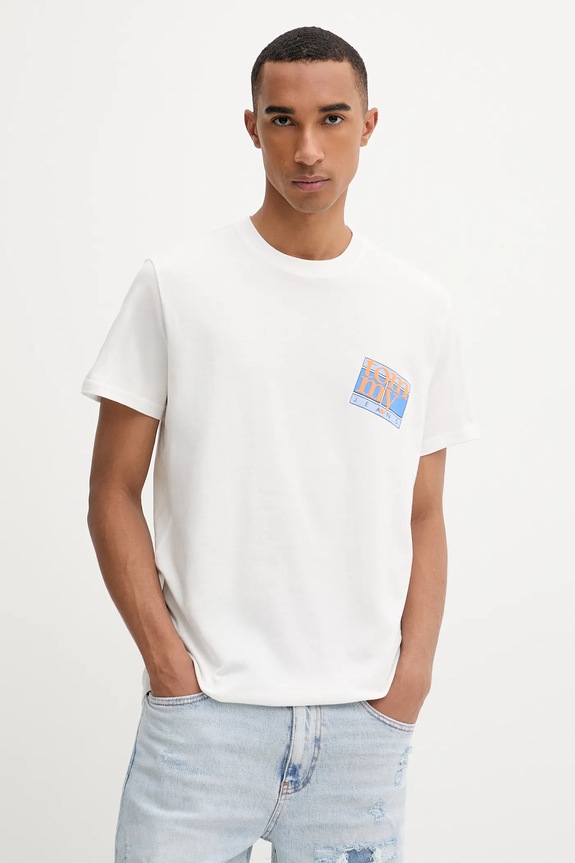 Bavlněné tričko Tommy Jeans potisk béžová DM0DM22127
