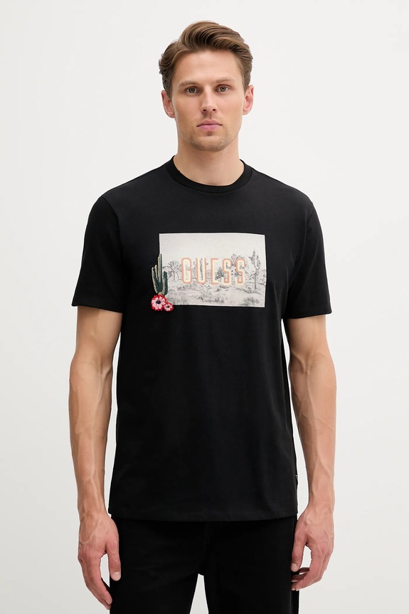 Βαμβακερό μπλουζάκι Guess βαμβάκι μαύρο M5YI45.KBW41