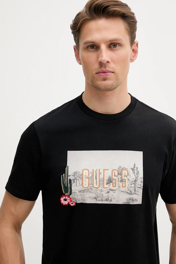 Βαμβακερό μπλουζάκι Guess μαύρο M5YI45.KBW41