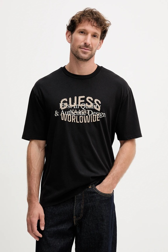 Bavlněné tričko Guess WORLDWIDE nášivka černá M5YI49.KBW41
