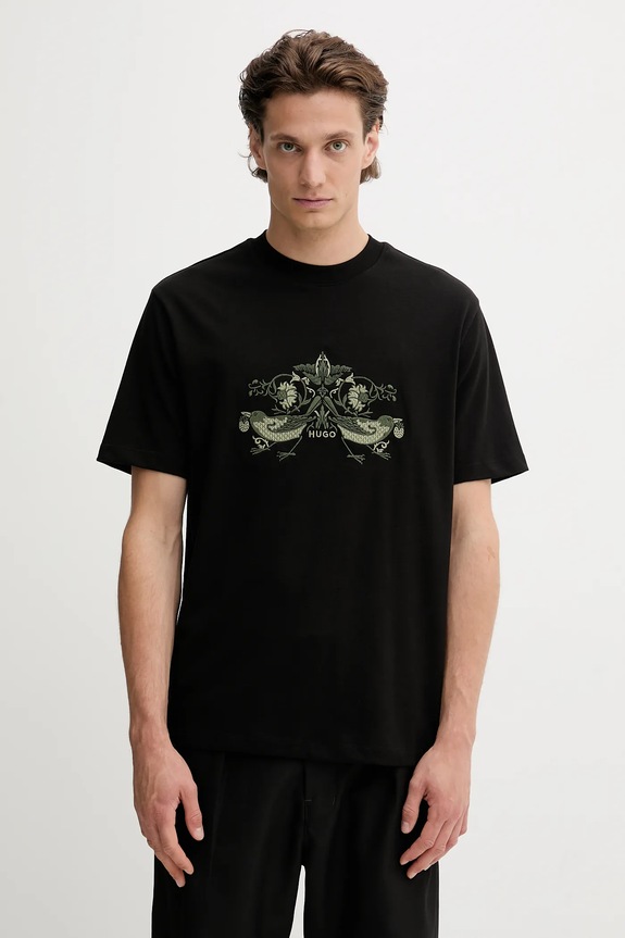 HUGO tricou din bumbac Denrith imprimeu negru 50544543