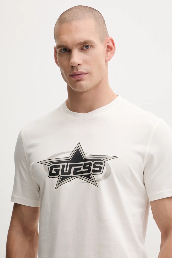 Βαμβακερό μπλουζάκι Guess NELLO μπεζ Z5YI02.I3Z14