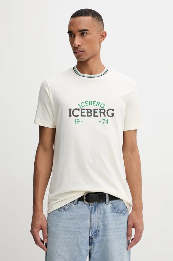 Iceberg t-shirt bawełniany nadruk beżowy F010.6325