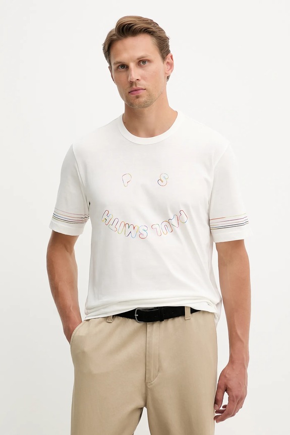 Bavlněné tričko PS Paul Smith kulatý bílá M2R.220X.TP5422