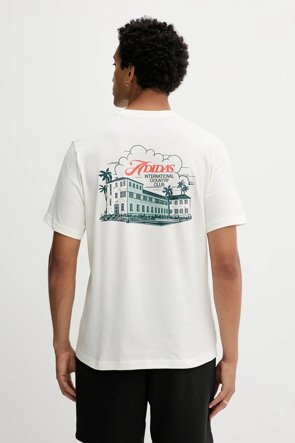 Памучна тениска adidas Country Club Scenic Graphic Tee надпис бежов JN2512