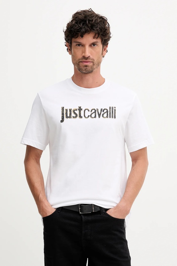 Just Cavalli t-shirt bawełniany nadruk biały 79OAHT16.CJ500