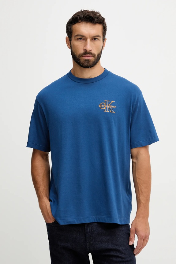 Βαμβακερό μπλουζάκι Calvin Klein Jeans απλικέ μπλε LV04RC856G