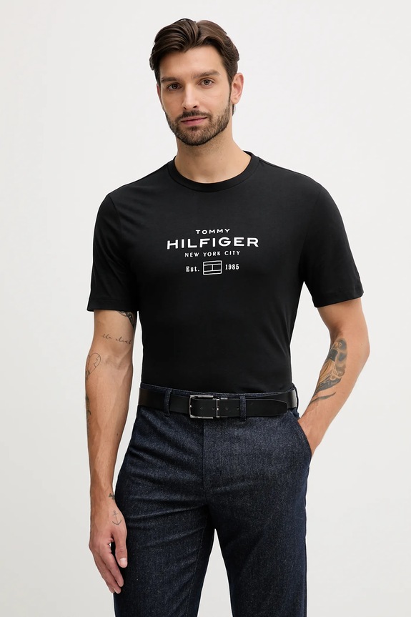 Bombažna kratka majica Tommy Hilfiger Vzorčasti črna MW0MW40002