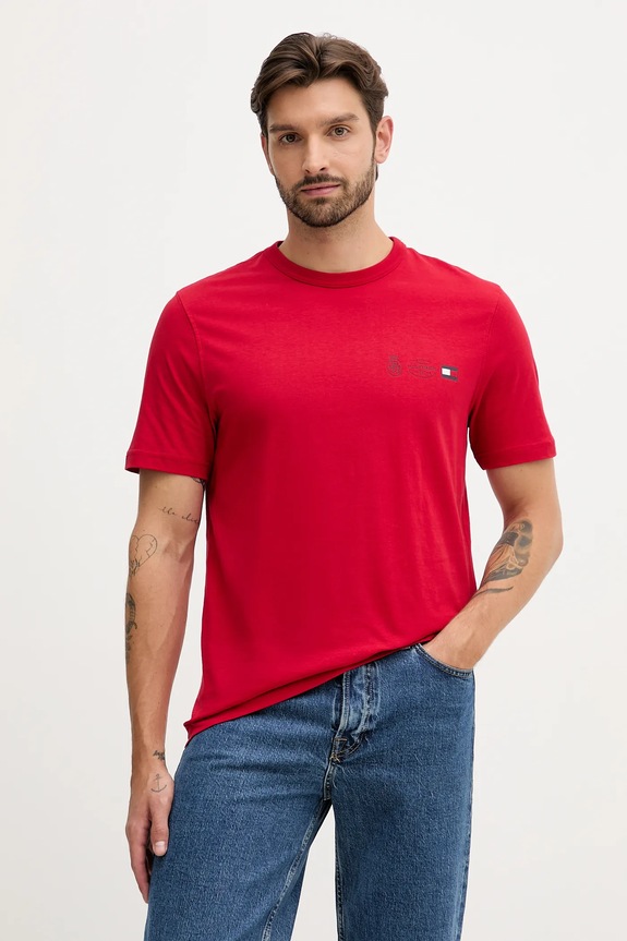 Bombažna kratka majica Tommy Hilfiger Okrogel rdeča MW0MW40011