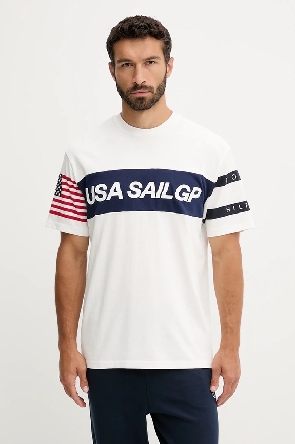 Βαμβακερό μπλουζάκι Tommy Hilfiger x SAIL GP στάμπα μπεζ MW0MW41418